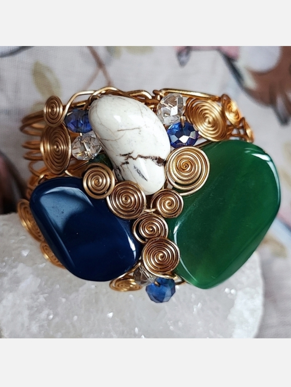 Natural Stone Wire Wrapped Gold Tone Artisan Cuff Crystal Bracelet